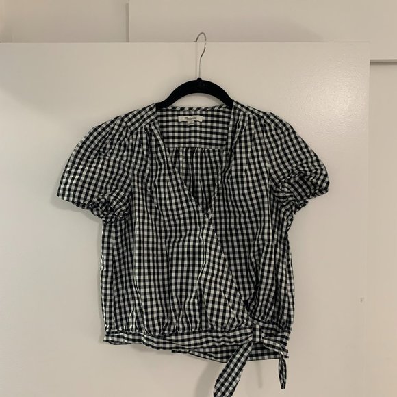Madewell Gingham Black White Wrap Top Tie M - Picture 7 of 9